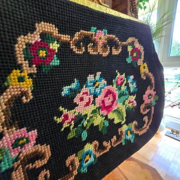 Vintage Black & Floral Needlepoint / Tapestry Bag with Gold Embossed Metal Hardw - Picture 2 of 14